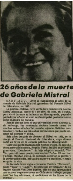 26 años de la muerte de Gabriela Mistral.