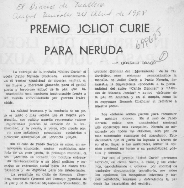 Premio Joliot Curie para Neruda