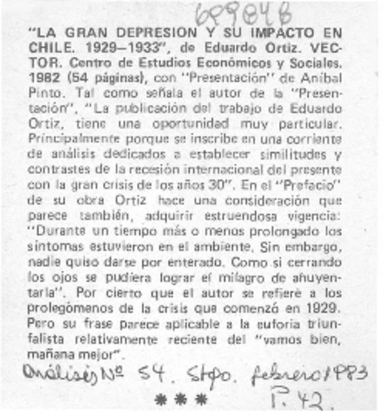 La gran depresión y su impacto en Chile 1929-1933".