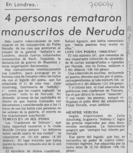 4 personas remataron manuscritos de Neruda.