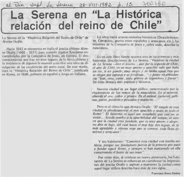 La Serena en "la histórica relación del reino de Chile"