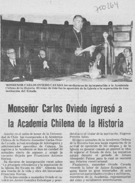 Monseñor Carlos Oviedo ingresó a la Academia Chilena de la Historia.