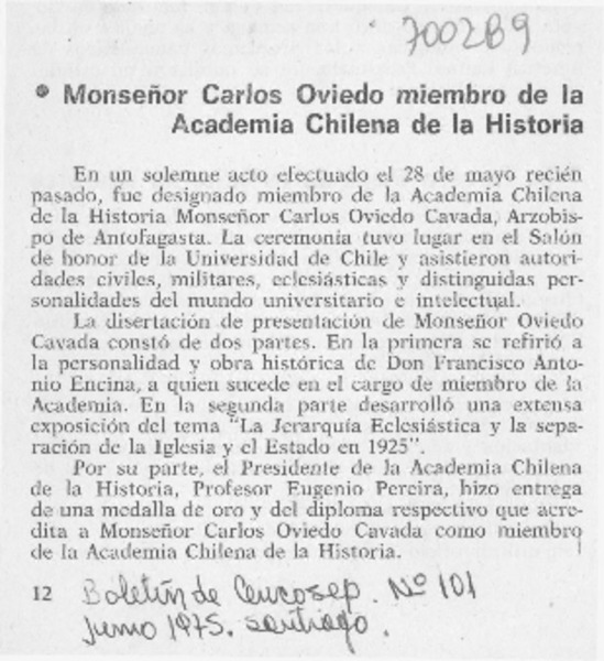 Monseñor Carlos Oviedo, miembro de la Academia Chilena de la Historia.
