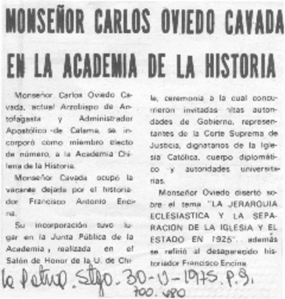Monseñor Carlos Oviedo Cavada en la Academia de la Historia.