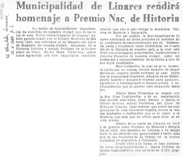Municipalidad de Linares rendirá homenaje a Premio Nac. de Historia.
