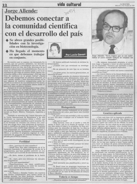 Jorge Allende: debemos conectar a la comunidad científica con el desarrollo del país : [entrevista]