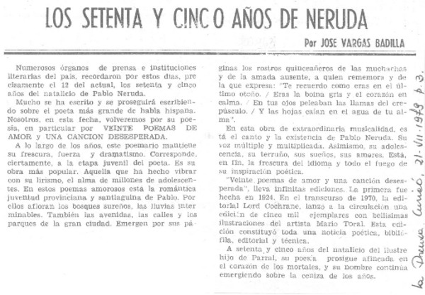 Los setenta y cinco años de Neruda