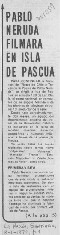 Pablo Neruda filmará en Isla de Pascua.