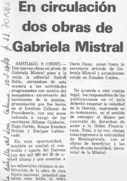 En circulación dos obras de Gabriela Mistral.