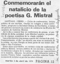 Conmemorarán el natalicio de la poetisa G. Mistral.