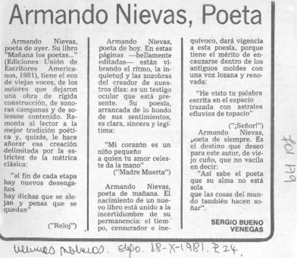 Armando Nievas, poeta