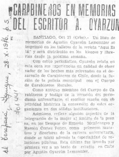 Carabineros en memorias del escritor A. Oyarzún.