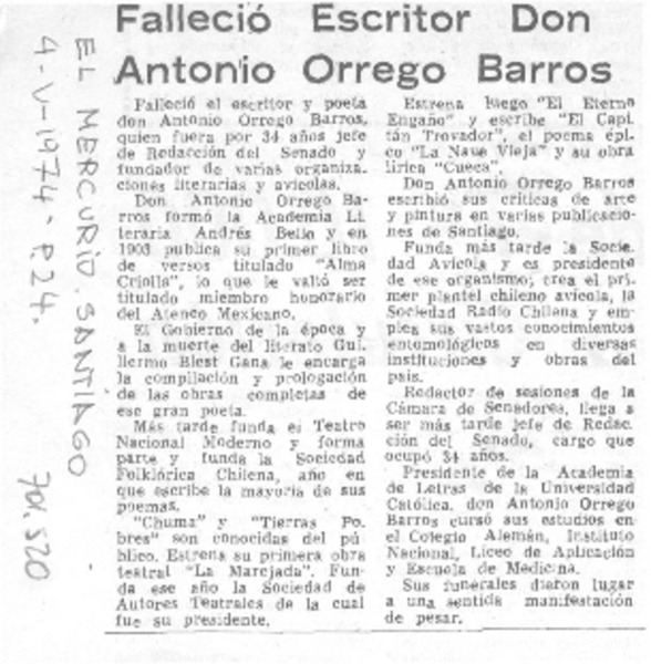 Falleció escritor Don Antonio Orrego Barros.