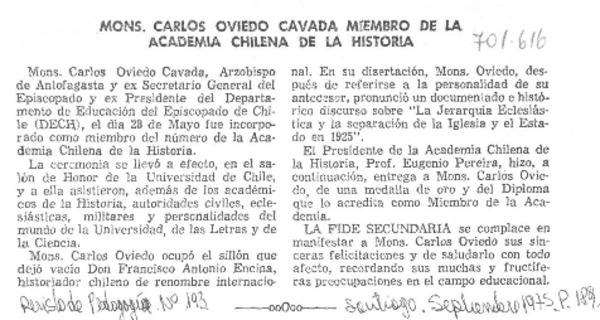 Mons. Carlos Oviedo Cavada miembro de la Academia Chilena de la Historia.