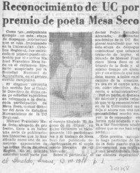 Reconocimiento de UC por premio de poeta Mesa Seco.