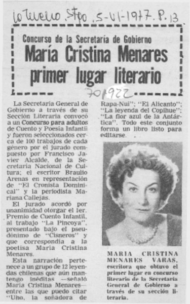 María Cristina Menares primer lugar literario.