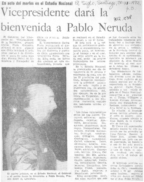 Vicepresidente dará la bienvenida a Pablo Neruda.