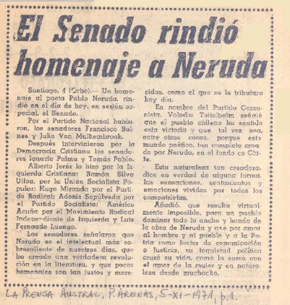 El senado rindió homenaje a Neruda.