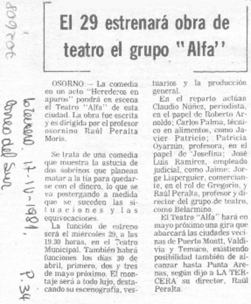 El 29 estrenará obra de teatro el grupo "ALfa".