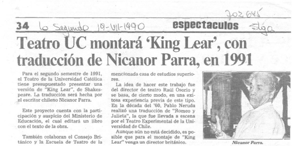 Teatro UC montará "King lear", con traducción de Nicanor Parra, en 1991.