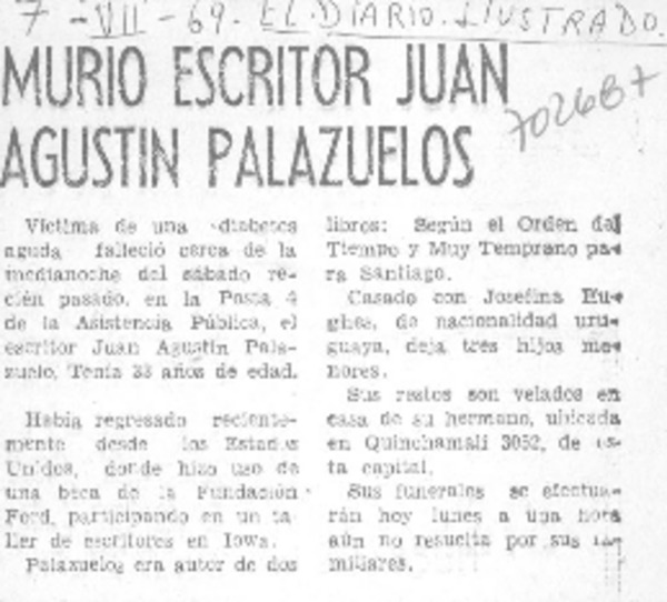 Murió escritor Juan Agustín Palazuelos.