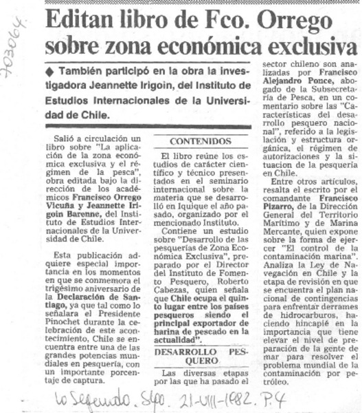 Editan libro de Fco. Orrego sobre zona económica exclusiva.