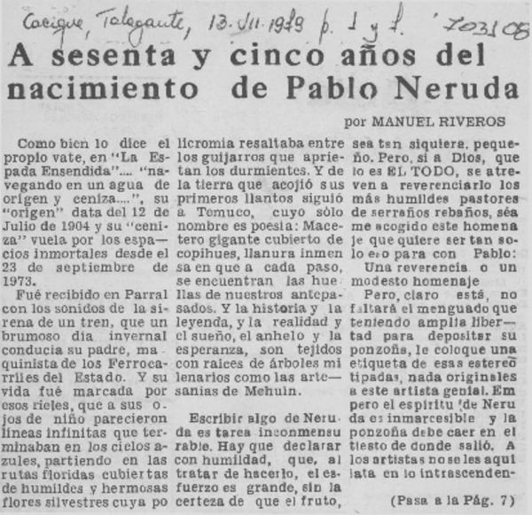 A sesenta y cinco años del nacimiento de Pablo Neruda