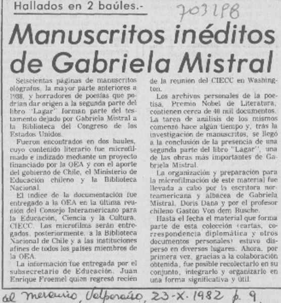 Manuscritos inéditos de Gabriela Mistral.