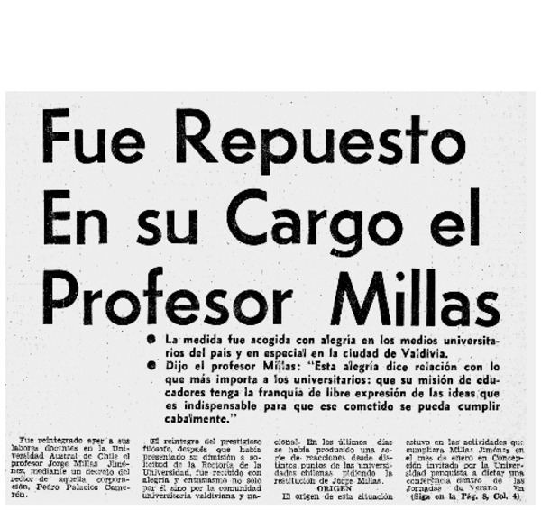 Fue repuesto en su cargo el profesor Millas.