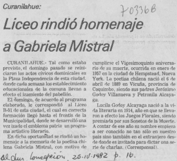 Liceo rindió homenaje a Gabriela Mistral.