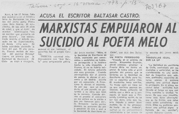 Marxistas empujaron al suicidio al poeta Melo.