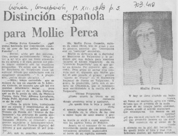 Distinción española para Mollie Perea : [entrevista]