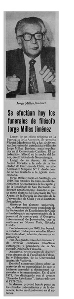 Se efectúan hoy los funerales de filósofo Jorge Millas Jiménez.