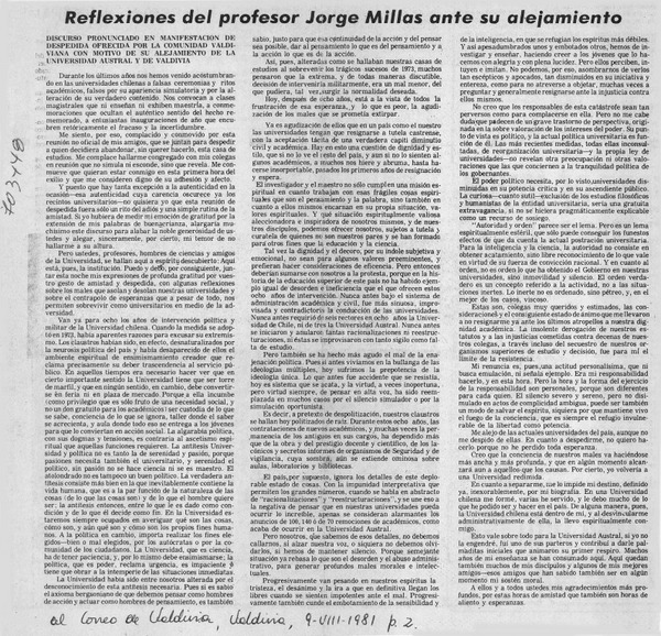 Reflexiones del profesor Jorge Millas ante su alejamiento.