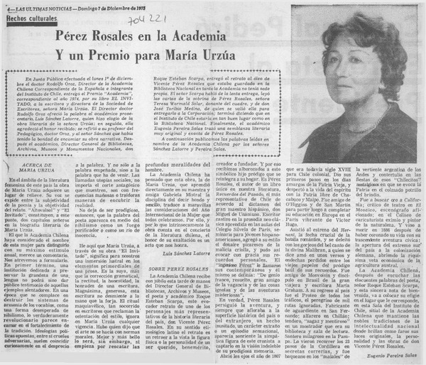 Pérez Rosales en la Academia y un Premio para María Urzúa