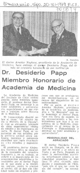 Dr. Desiderio Papp miembro honorario de Academia de Medicina.
