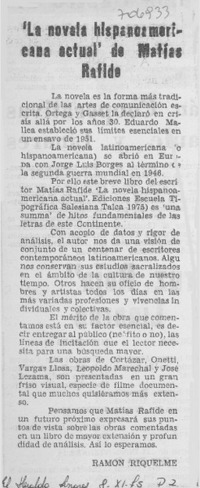 "La novela hispanoamericana actual" de Matías Rafide