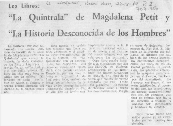 "La Quintrala"de Magdalena Petit y "La historia desconocida de los hombres".