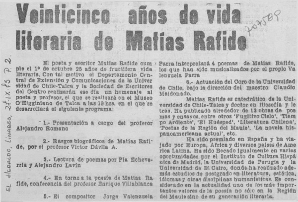 Veinticinco años de vida literaria de Matías Rafide.