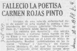 Falleció la poetisa Carmen Rojas Pinto.