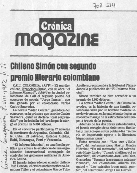 Chileno Simón con segundo premio literario colombiano.
