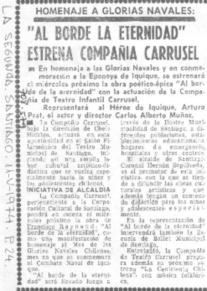 "Al Borde de la eternidad" estrena compañía Carrusel.