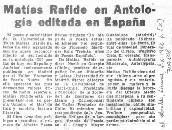 Matías Rafide en antología editada en España.