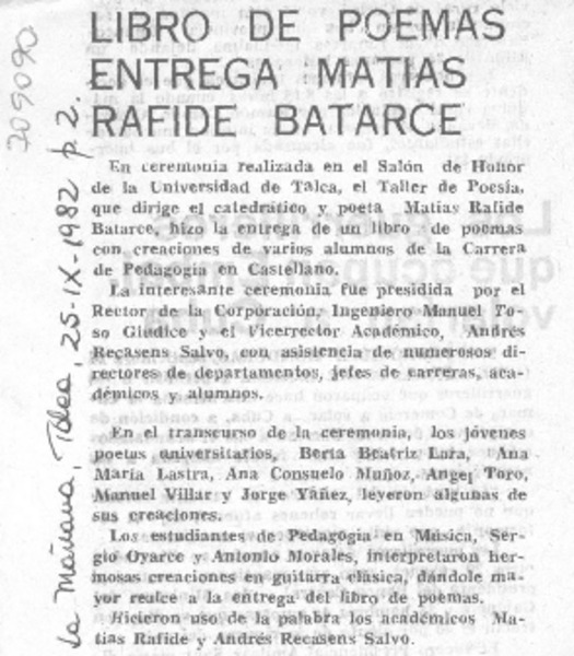 Libro de poemas entrega Matías Rafide Batarce.