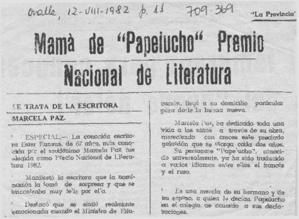 Mamá de "Papelucho" Premio Nacional de Literatura.