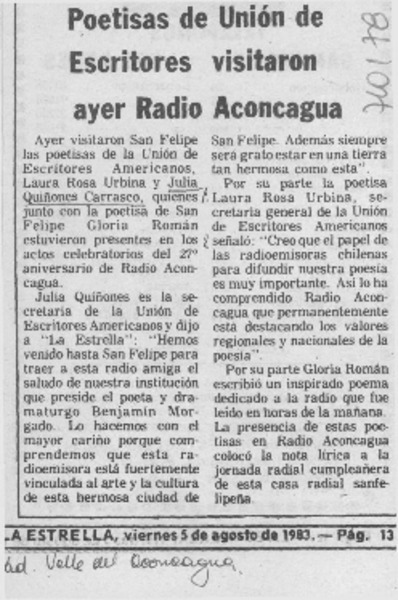 Poetisas de unión de escritores visitaron ayer radio Aconcagua.