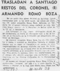 Trasladan a Santiago restos del coronel (r) Armando Romo Boza.