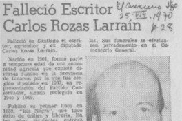 Falleció escritor Carlos Rozas Larraín.
