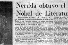 Neruda obtuvo el Premio Nobel de Literatura 1971