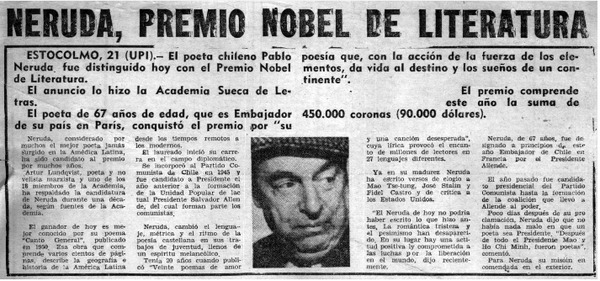 Neruda, Premio Nobel de Literatura.